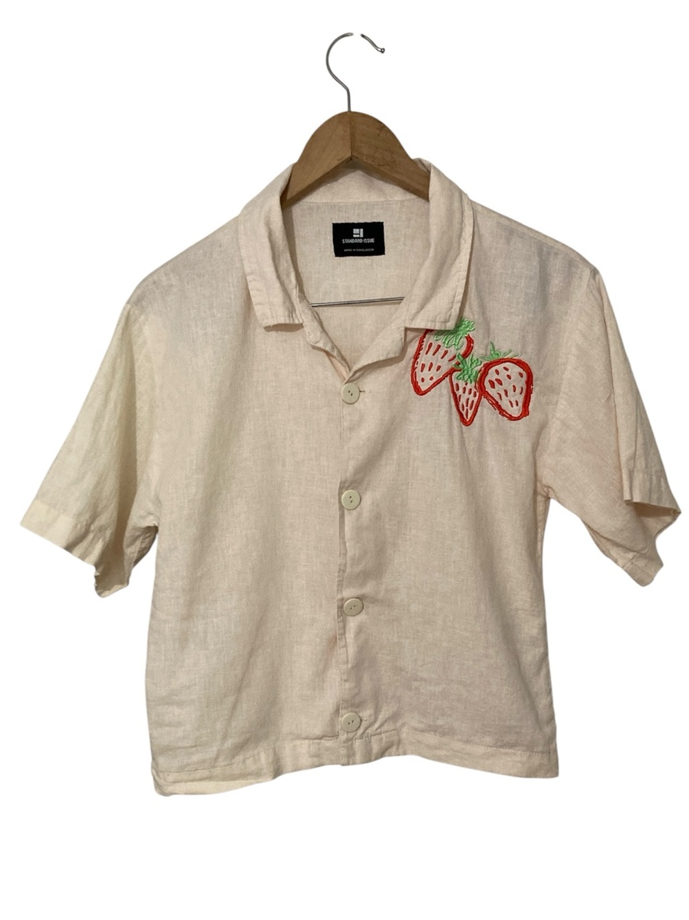 Standard Issue 100% Linen Strawberry Embroidered Button Down Shirt